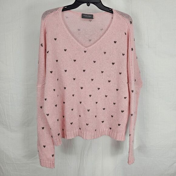 Wooden Ships Mini Heart V Neck Sweater Pink Gray Women’s Size S/M - Picture 1 of 6